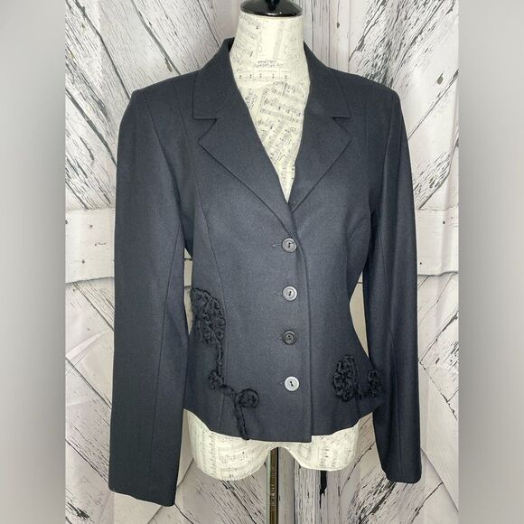 VINTAGE Beverly Mehe Black Wool Fitted Jacket Blazer Embellishment 10 - Picture 1 of 6